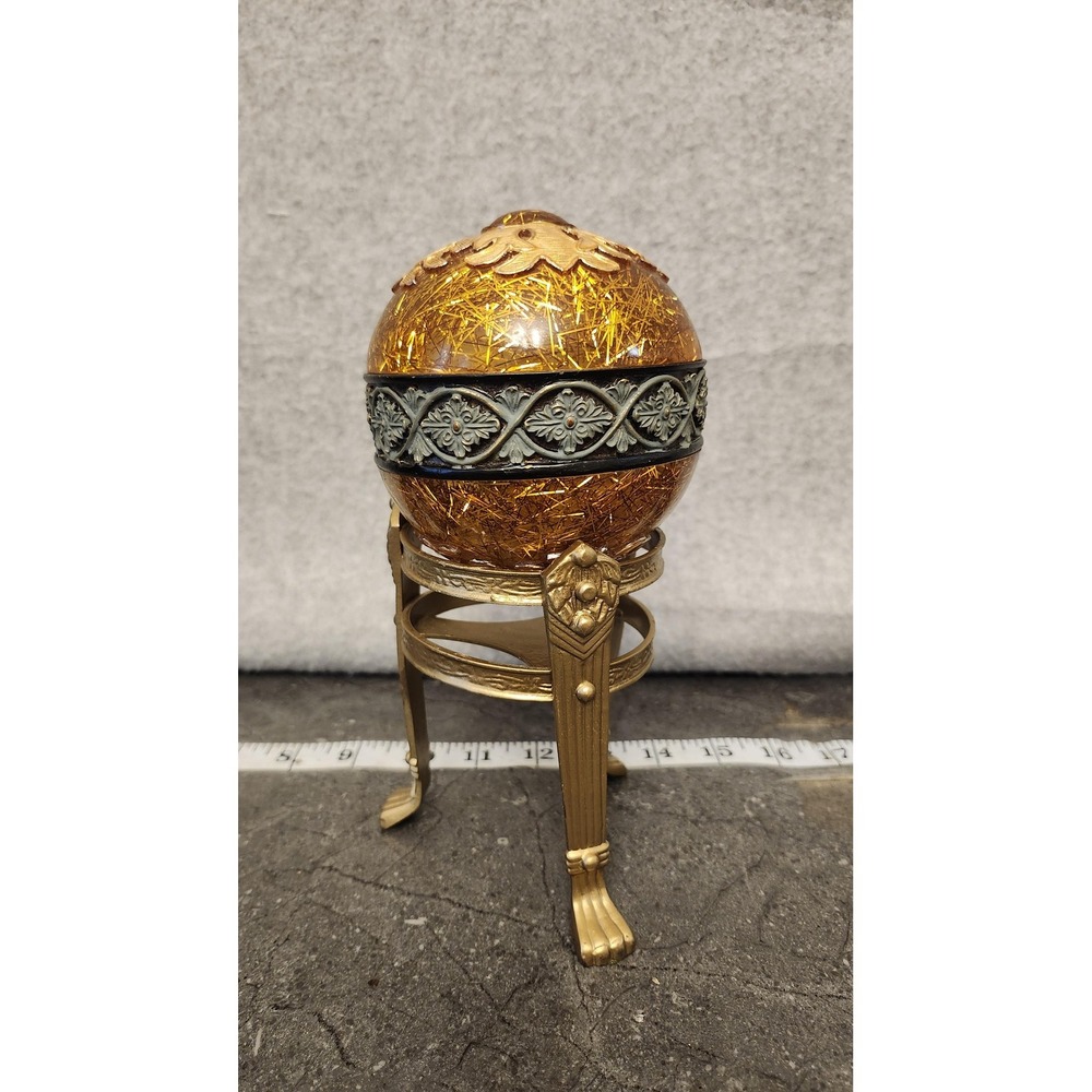 Decorative Amber Crackle Glass Orb Sphere On Brass Tone Tripod Stand Display